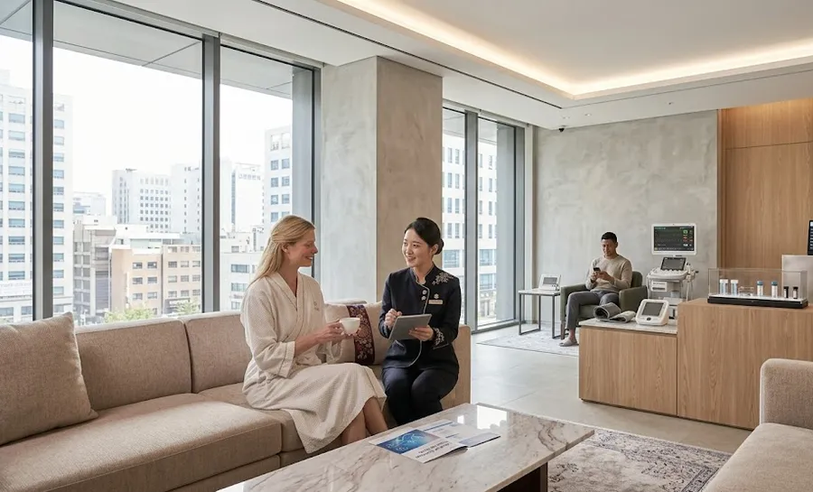 Comfortable hospital lounge where patients relax while waiting between health check-up programs