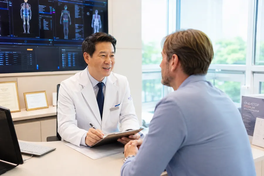 Doctor reviewing full-body diagnostic results with a patient during a personalized health check-up consultation