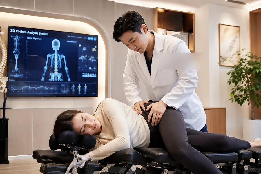 Doctor performing Chuna manual therapy with 3D posture analysis system