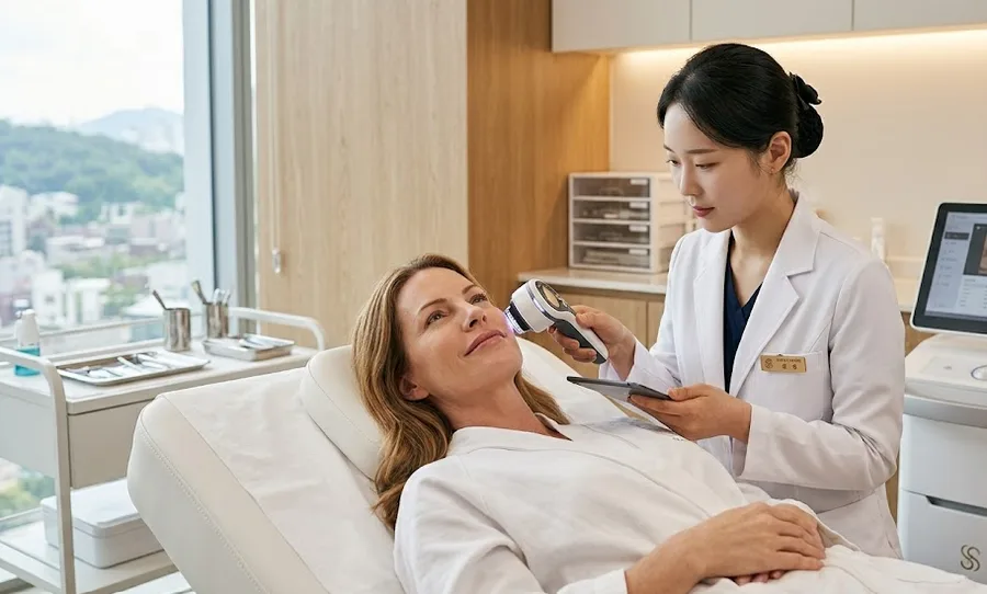 A licensed doctor performing a skin diagnostic procedure on a foreign patient in Korea