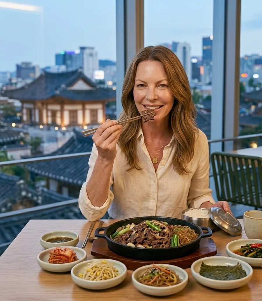 Travelers enjoying Korean food and a night view of a palace after a skincare treatment