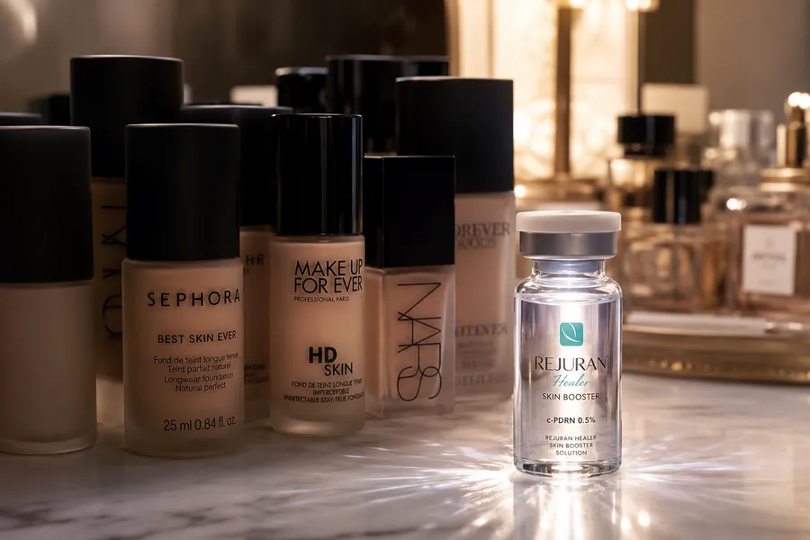 Sephora foundations next to a Rejuran Healer skin booster vial — a symbol of the foundation-free K-glass skin movement