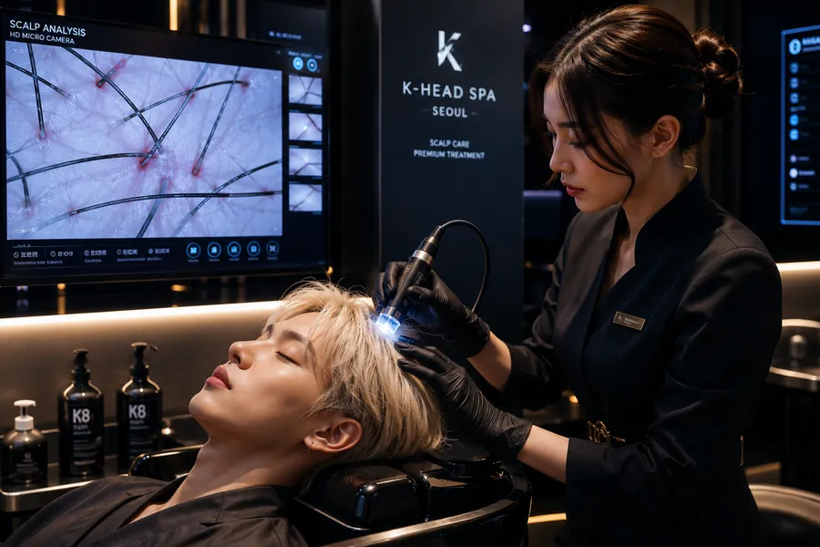 Micro-camera scalp analysis at a Korean head spa clinic