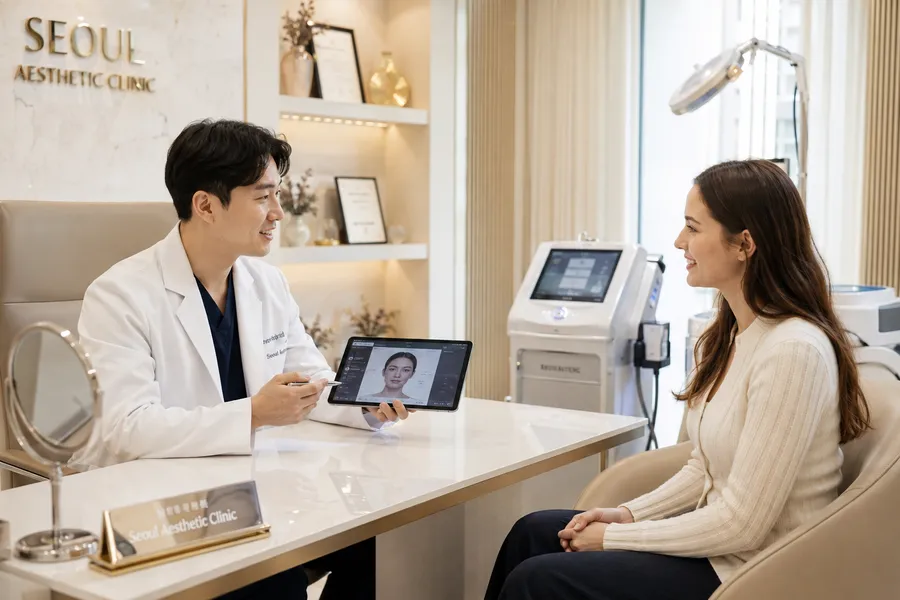 A doctor consulting with a foreign patient using a tablet at a Seoul aesthetic clinic