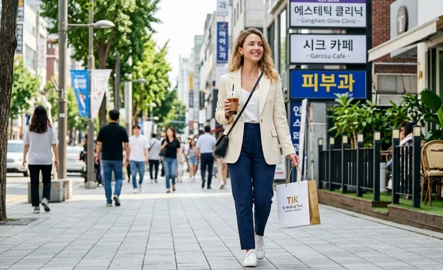 A foreign traveler carrying a K-Medical Tour bag while exploring a Seoul clinic district