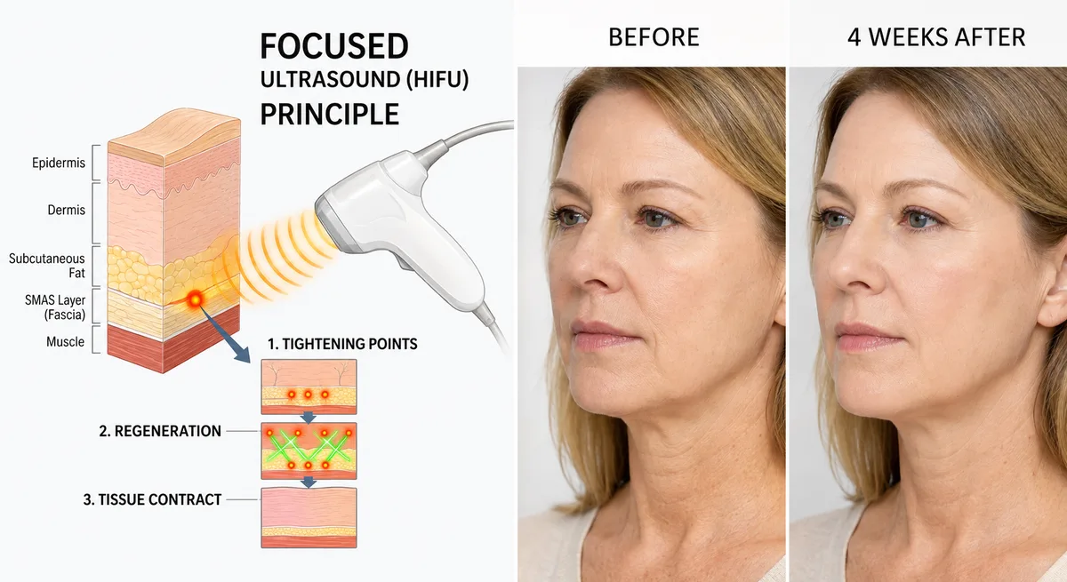 Focused ultrasound HIFU principle diagram and before and after facial lifting results