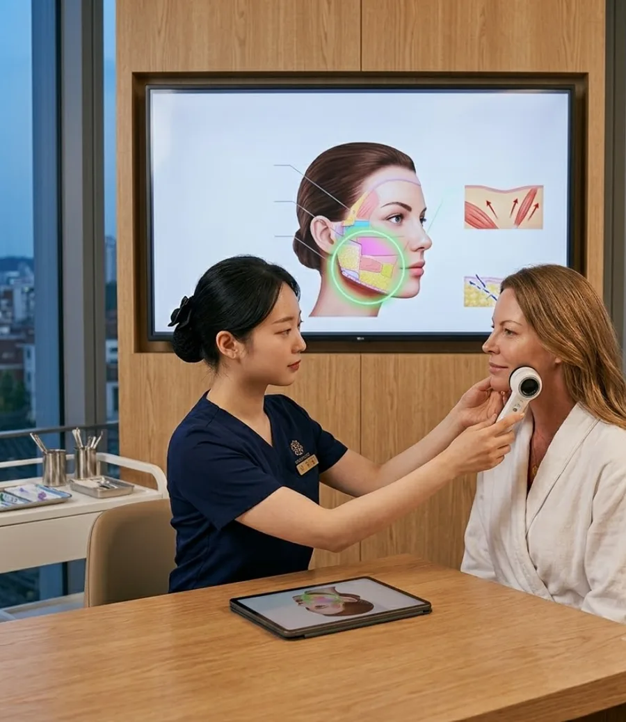 1:1 personalized consultation with 3D facial analysis for a customized lifting vector design
