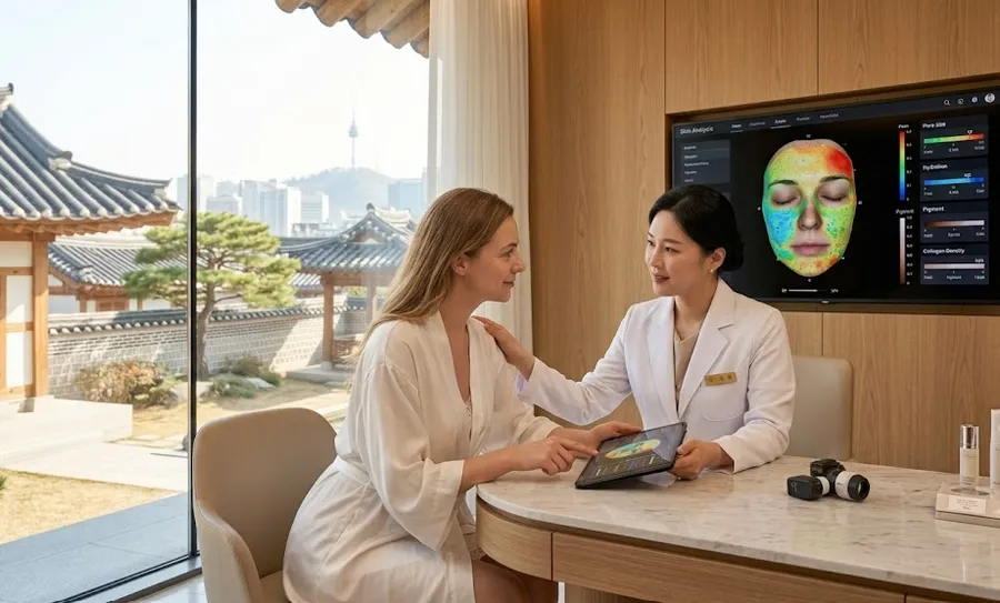Dermatologist reviewing a digital skin analysis scan with a foreign patient at a Seoul clinic