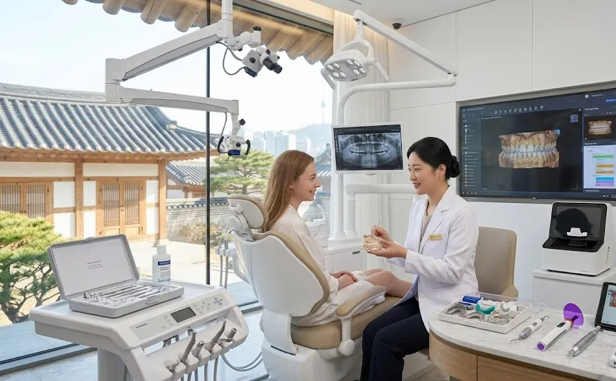 Foreign patient receiving precision dental care at a modern Seoul dental clinic with digital imaging