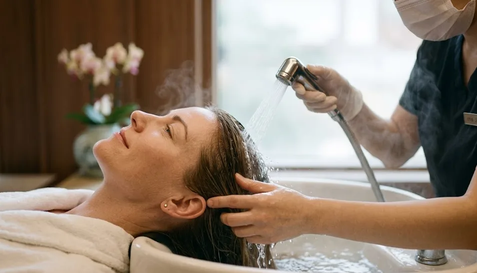 High-pressure water circulation treatment at a Korean Head Spa