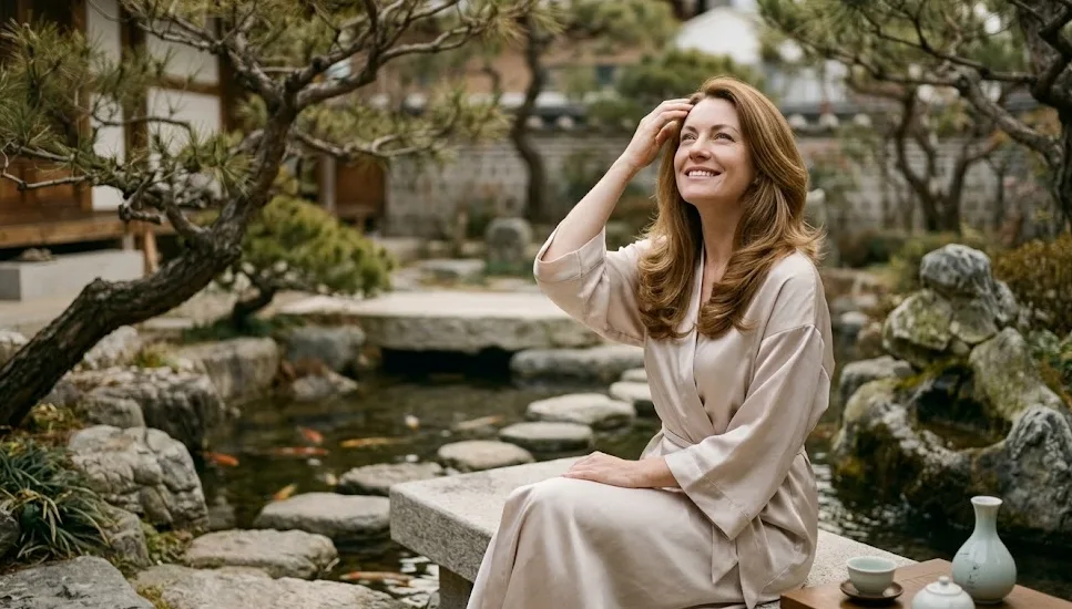 Relaxed guest after a Korean Head Spa treatment in a traditional hanok garden